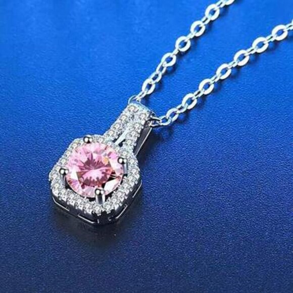 925 Sterling Silver Pink Sapphire Halo Pendant Necklace - Picture 5 of 5